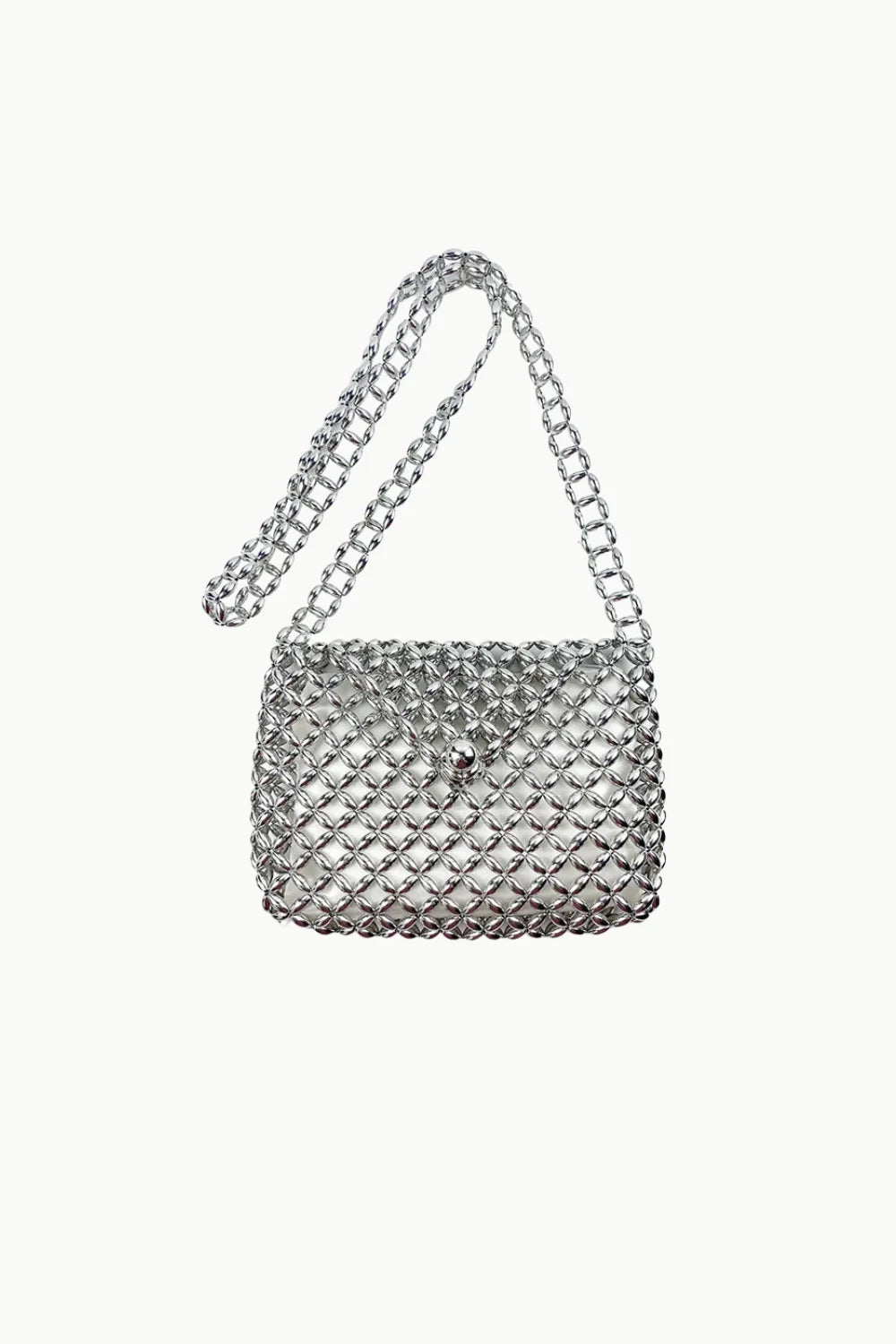 Silver chain crossbody beaded bag with shoulder strap and metal clasp for stylish look