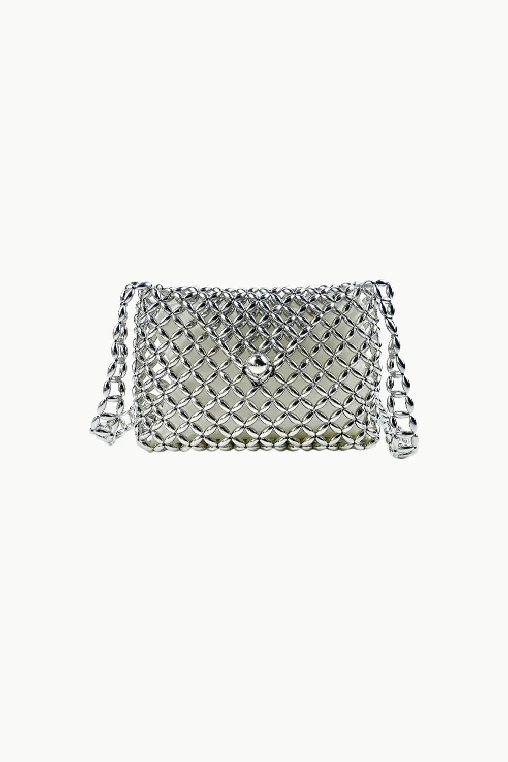 Silver beaded bag with silver chain crossbody strap for stylish accessories