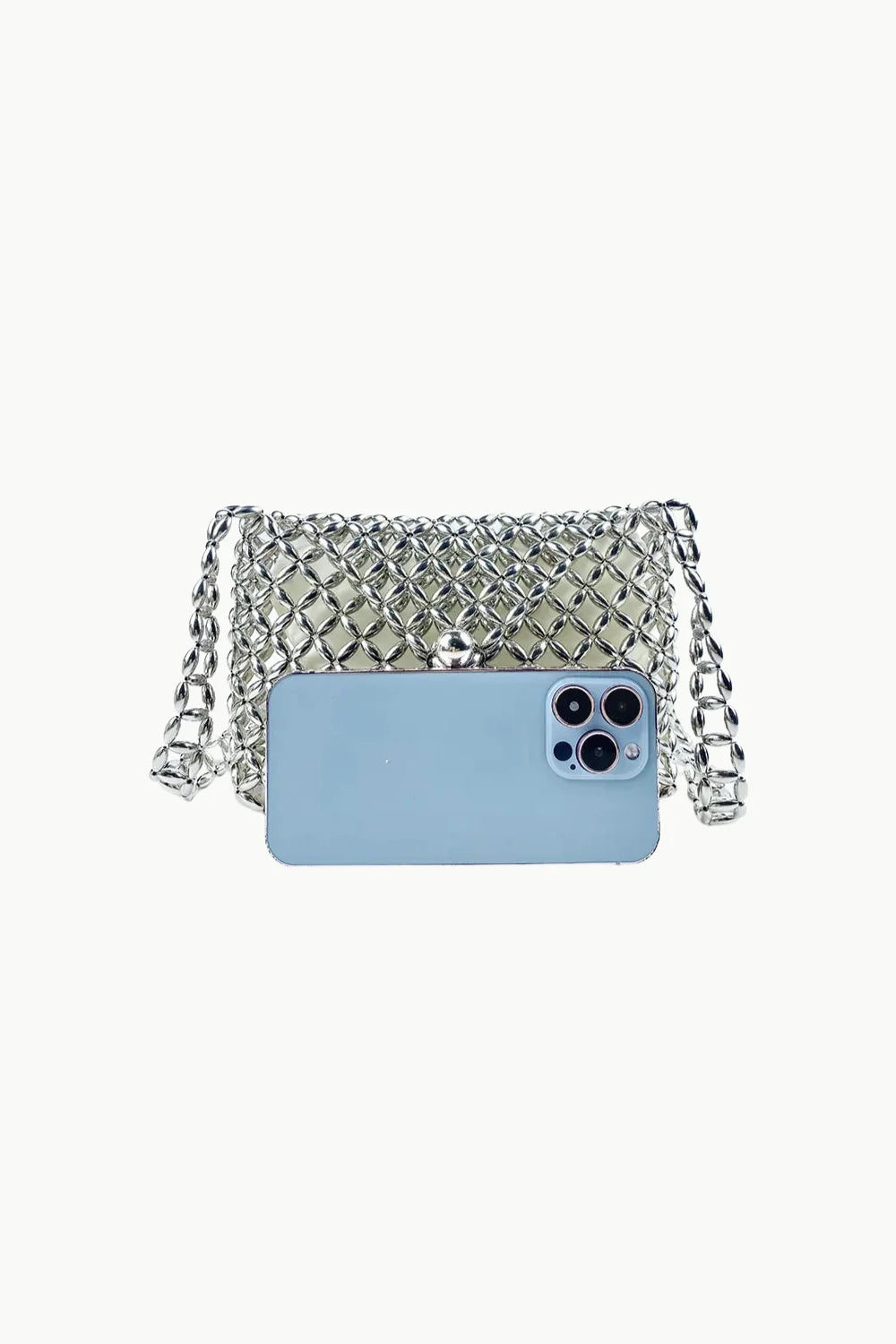 Silver Beaded Bag with Silver Chain Crossbody and Chain Strap for Stylish Look