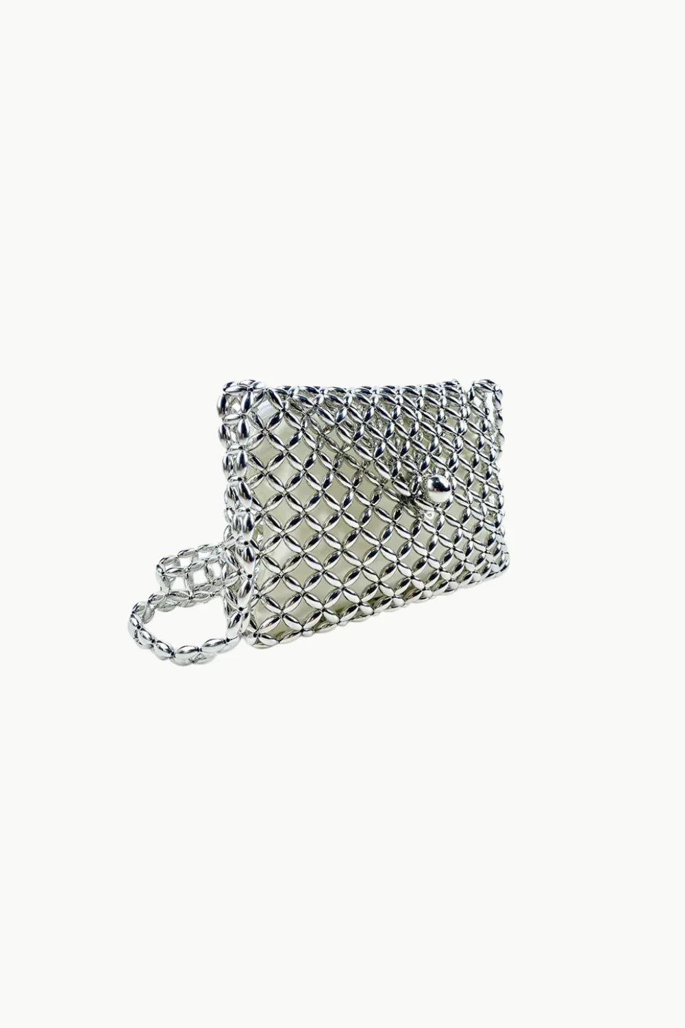 Silver-toned metallic mesh beaded bag with a silver chain crossbody strap