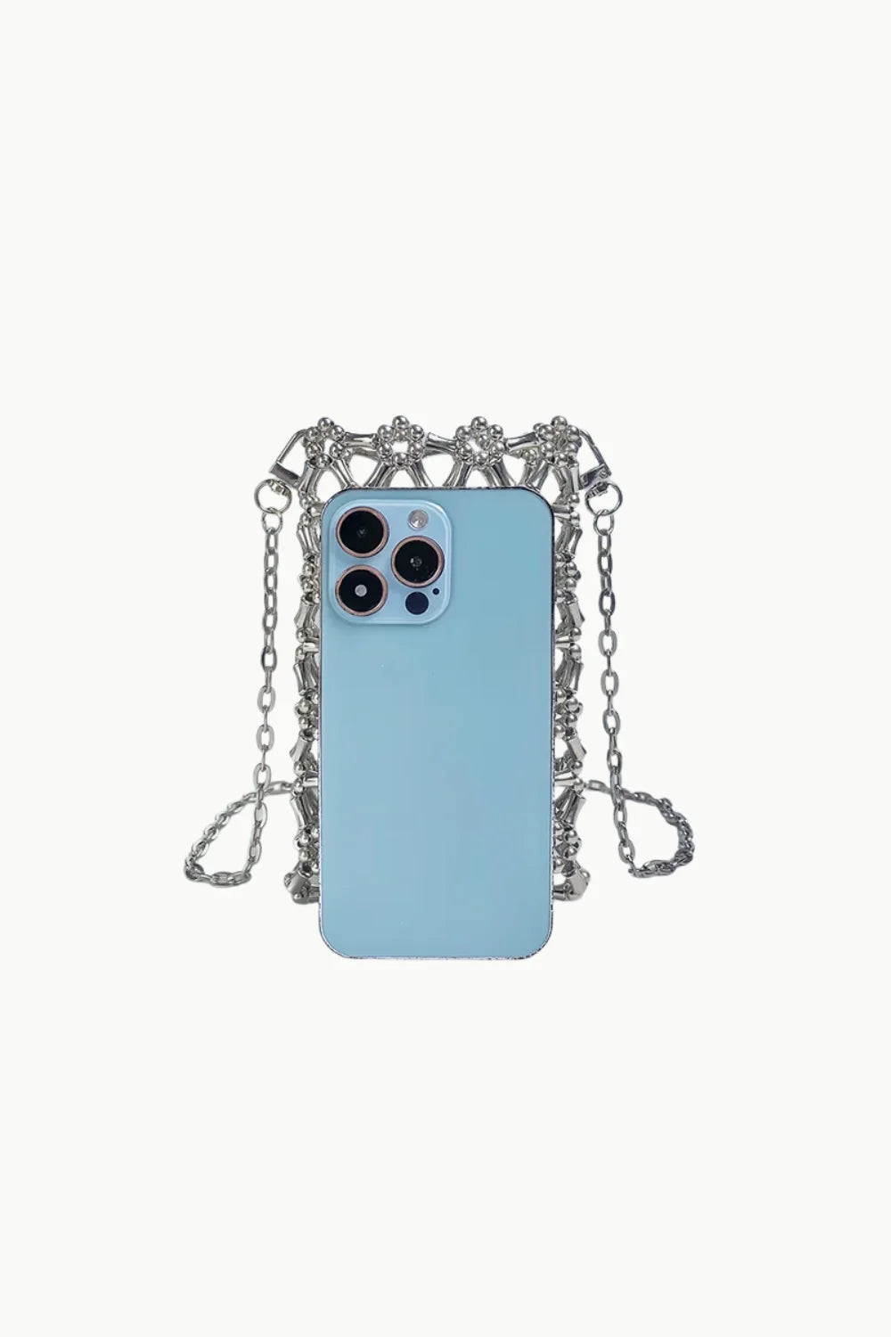 Light blue smartphone in silver chain-link skeleton-shaped holder on Silver Flower Beaded Bag