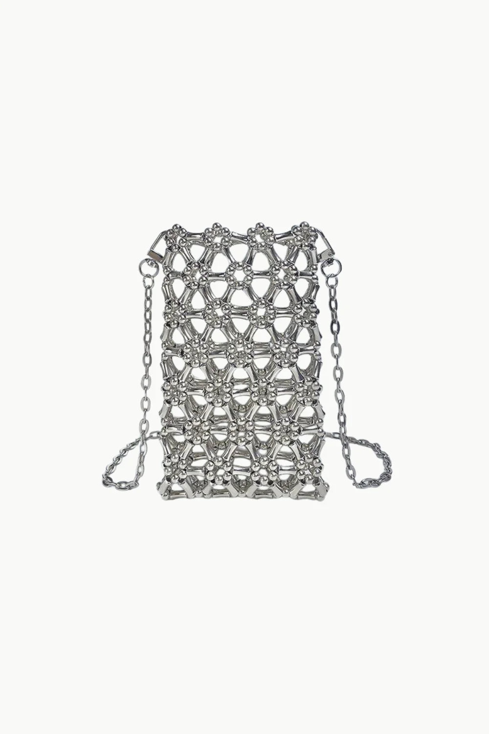 Silver flower beaded bag with chainmail shoulder strap and geometric floral pattern