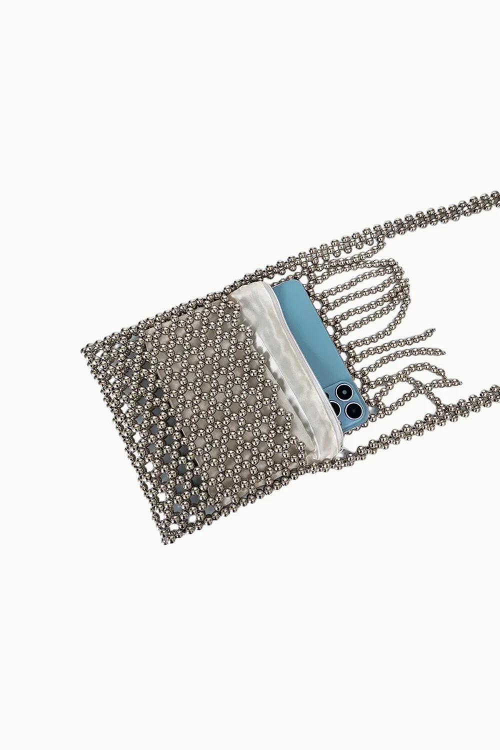 Silver Fringe Beaded Bag with beaded cross-body design and stylish fringe detailing