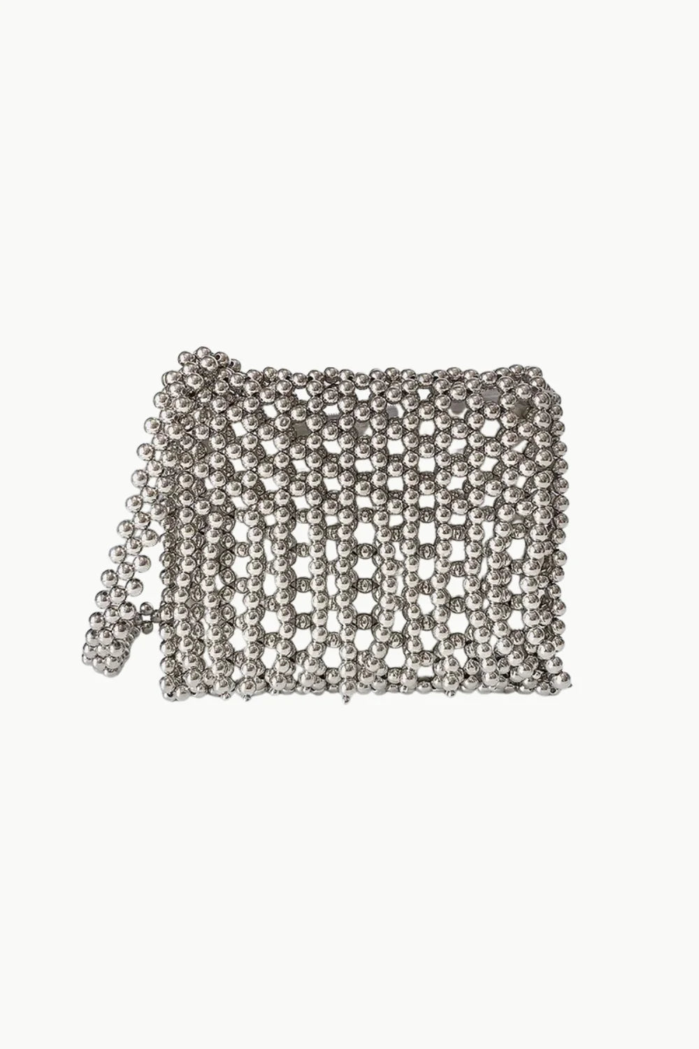 Silver fringe beaded bag with mesh design and short strap, stylish beaded bag accessory