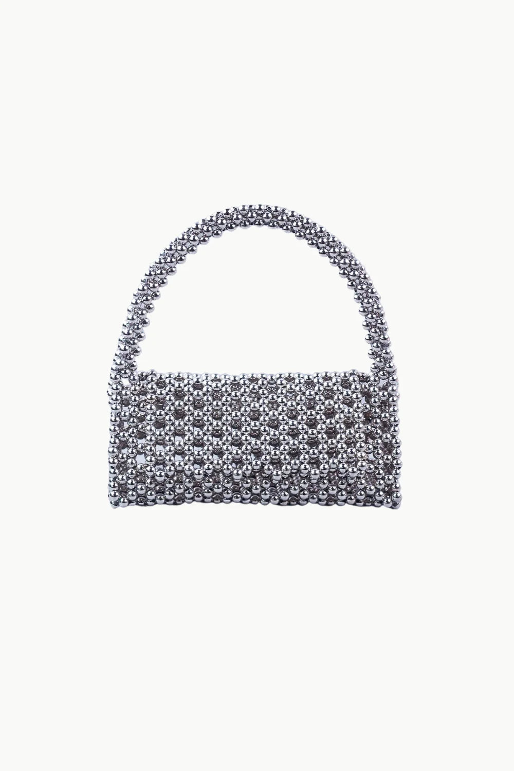 Silver Grey Beaded Bag with rounded top handle, stylish silver beaded bag accessory