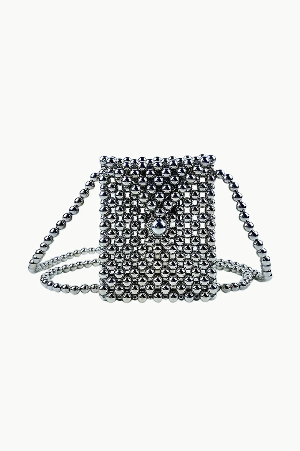 Silver mini beaded bag with cross-body strap, stylish silver mini beaded accessory