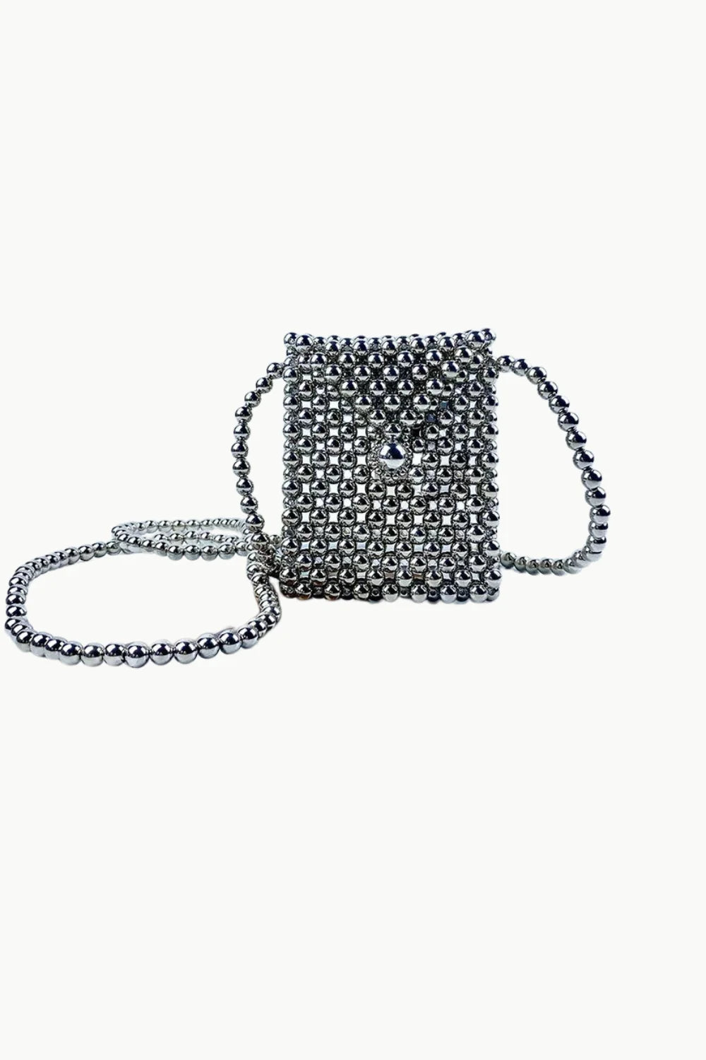 Silver mini beaded bag with square shape, shiny beads, beaded shoulder strap, and silver clasp