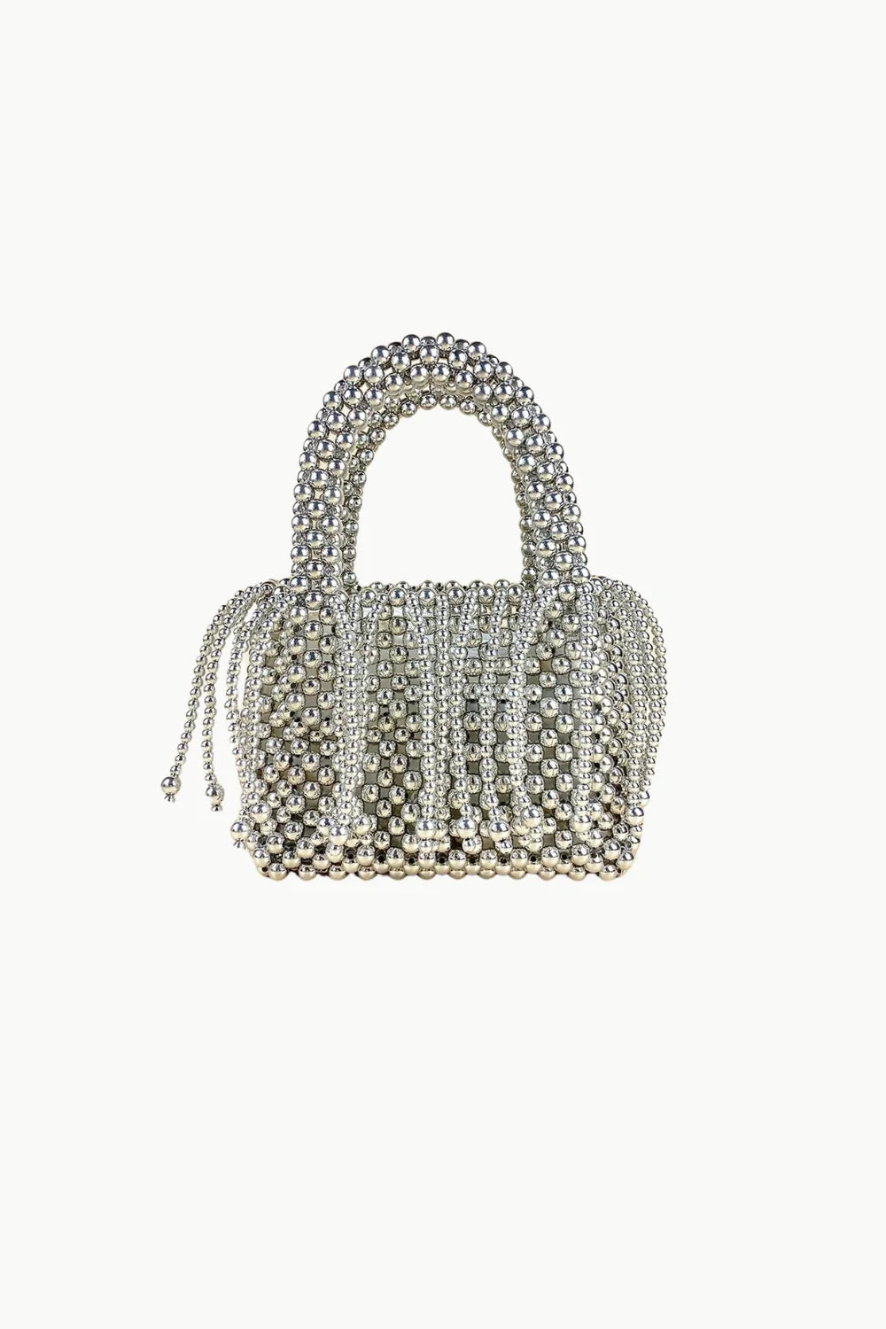 Silver small beaded bag with top handle and drawstring closure for stylish accessories