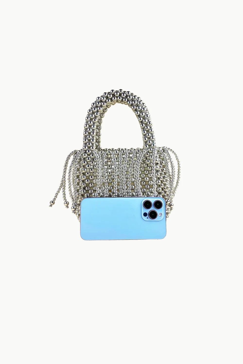 Silver small beaded bag with top handle and drawstring closure for stylish accessories