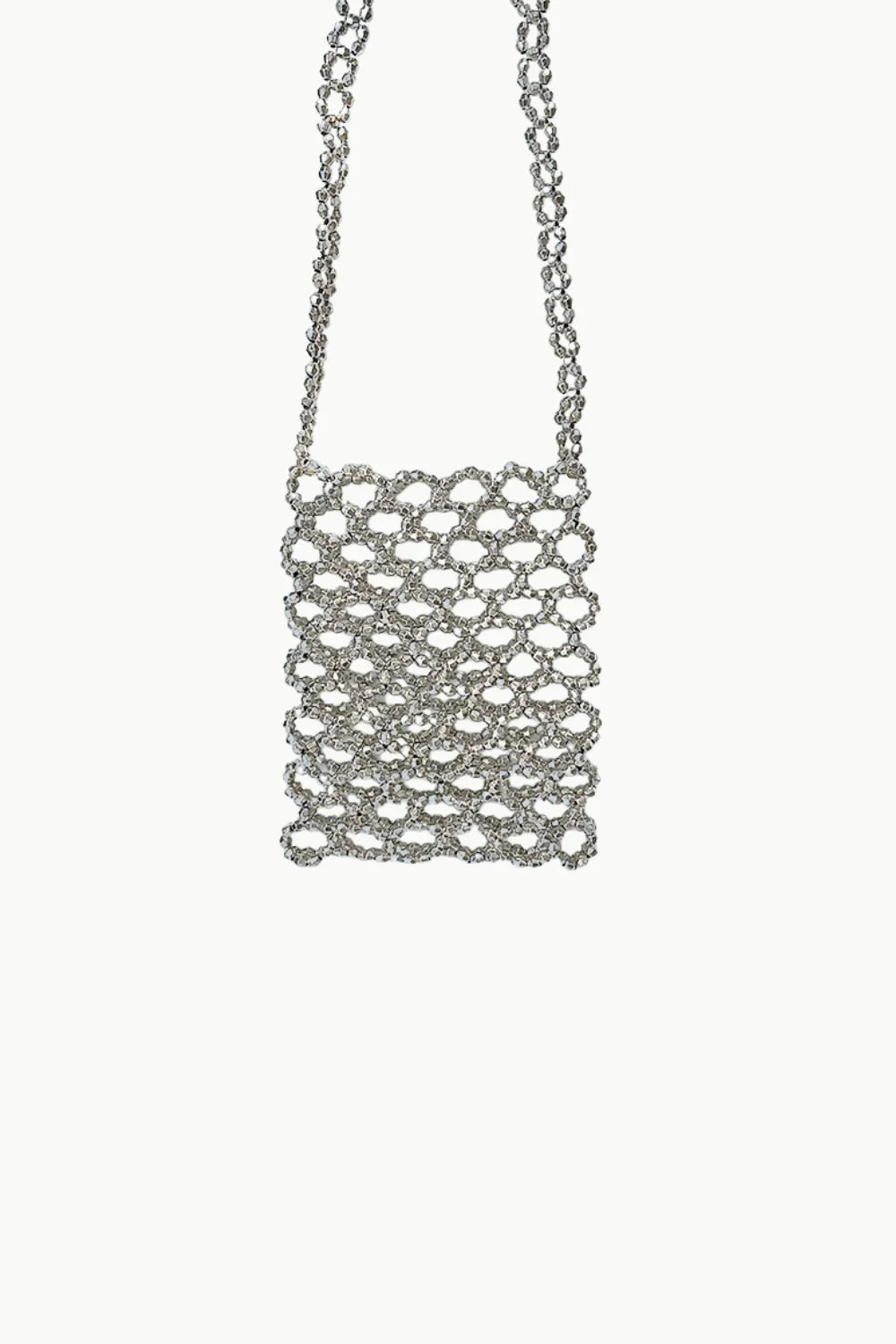 Silver beaded crossbody bag with mesh design and long chain strap for stylish accessories
