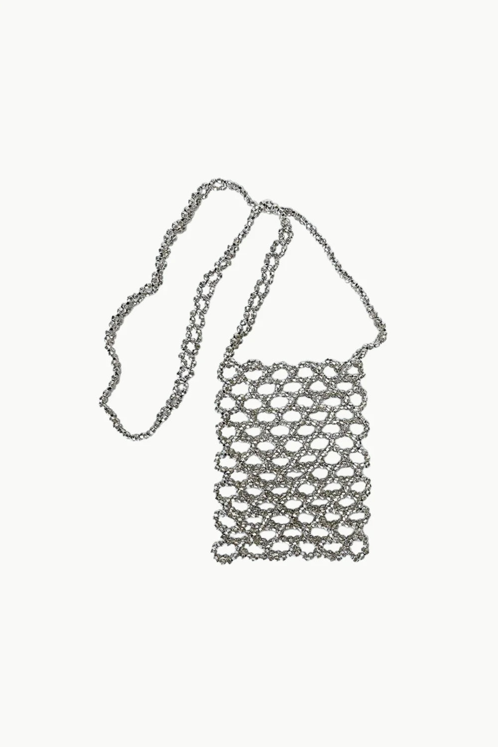 Silver beaded crossbody bag with open weave design, perfect beaded crossbody bag accessory
