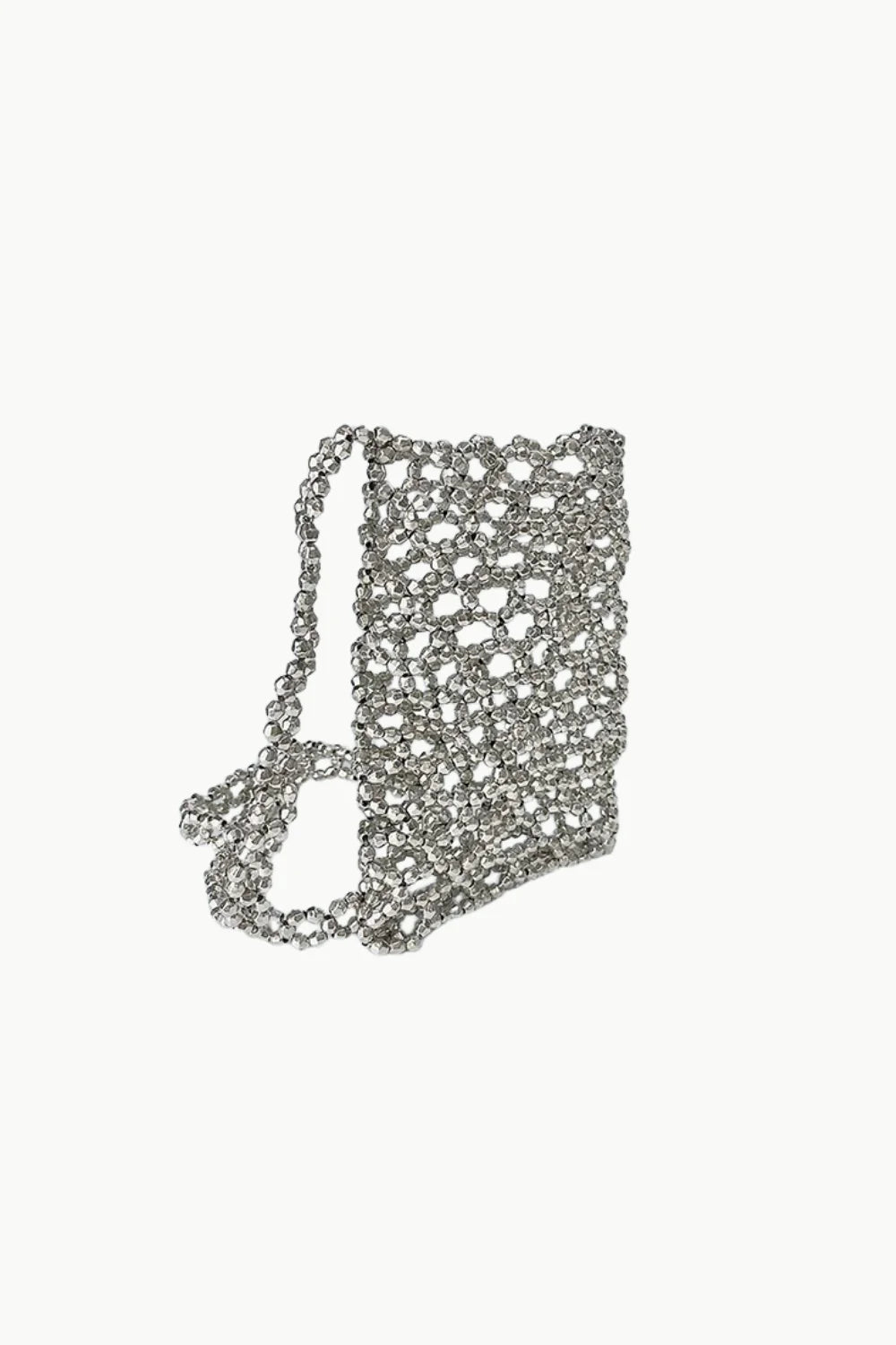 Silver-tone metal mesh shoulder bag with long chain strap, perfect beaded crossbody bag