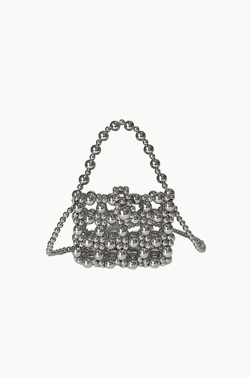 Small beaded handbag with metallic silver spherical beads for stylish accessory