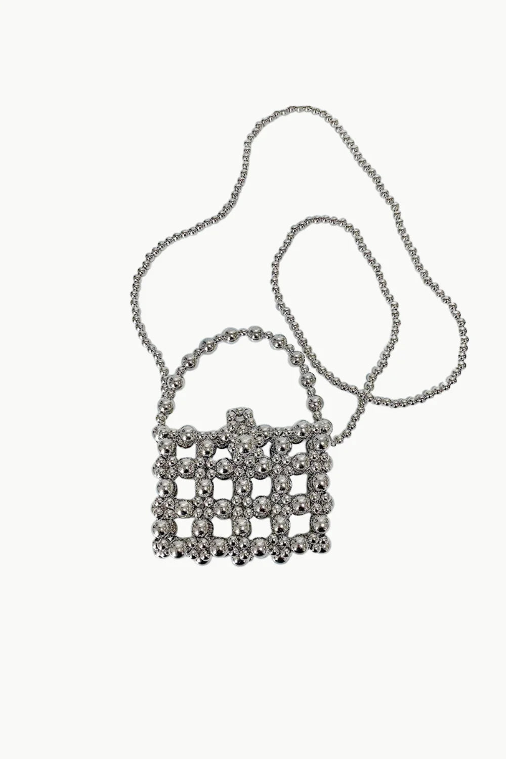 Silver-colored small beaded handbag with a long shoulder strap for stylish occasions