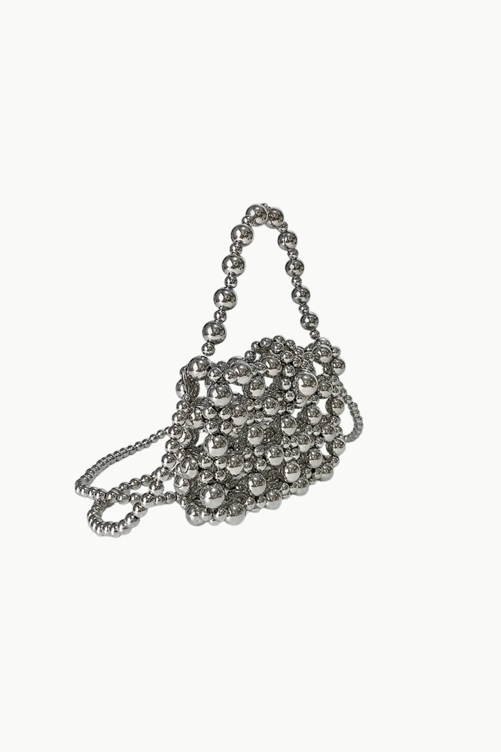 Silver beaded handbag with top handle and long strap, small beaded handbag style