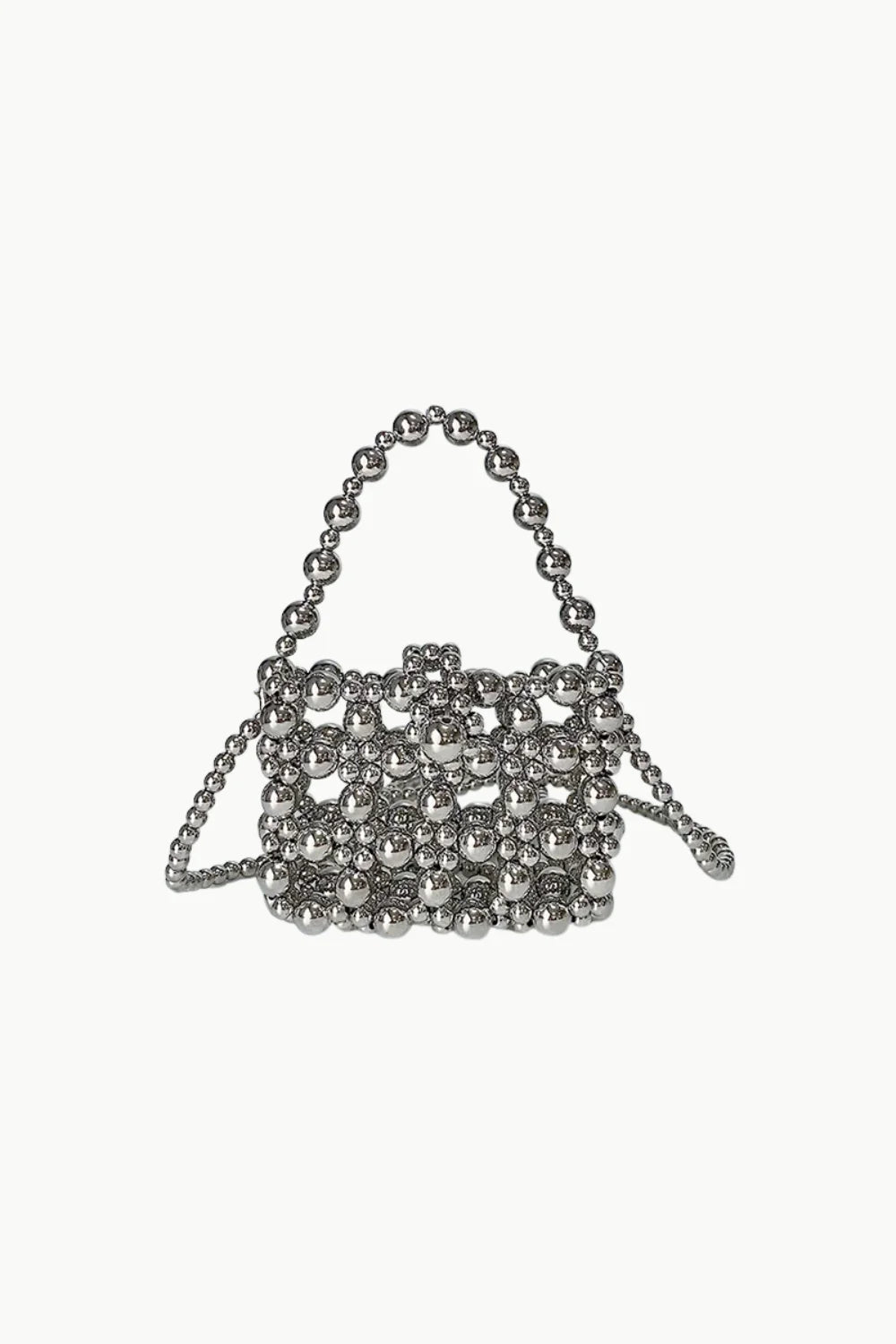 Silver beaded handbag with top handle and shoulder strap, small beaded handbag style