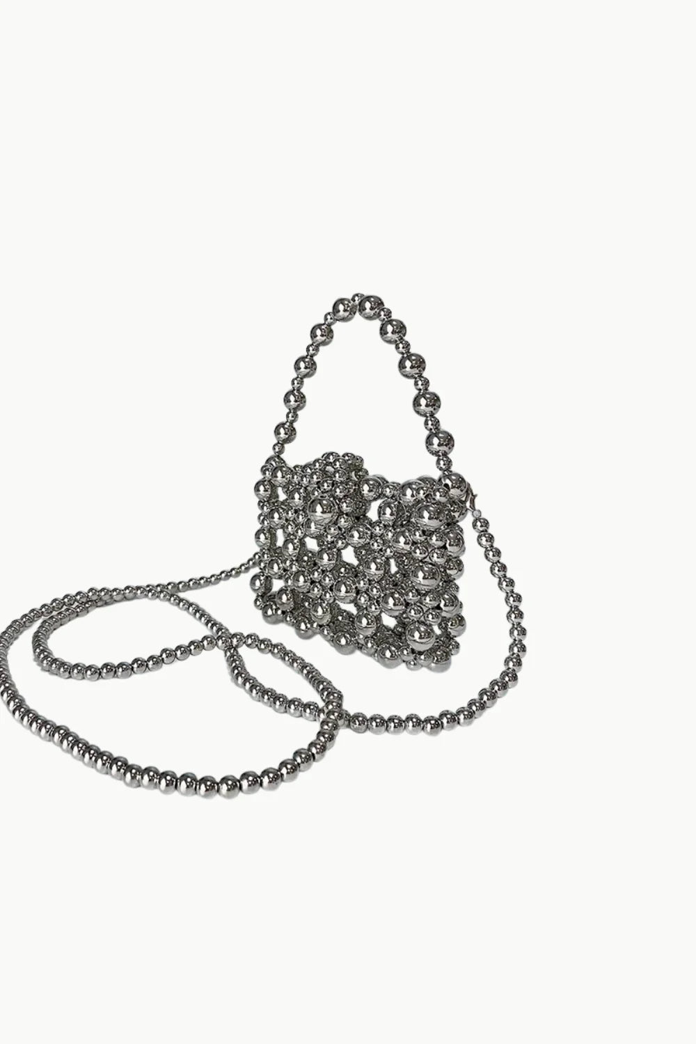 Silver-toned beaded handbag with a long strap, perfect small beaded handbag accessory