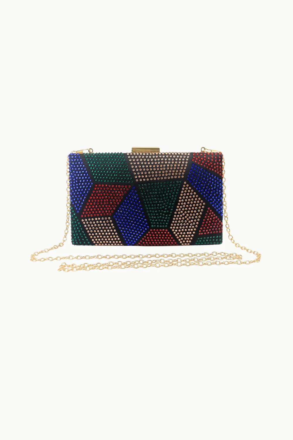 Small beaded purse with geometric rhinestone pattern, gold clasp, and chain strap