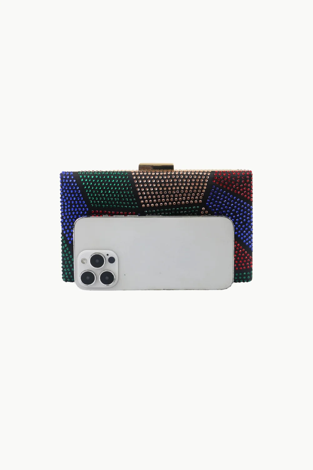 Small beaded purse featuring a rectangular clutch bag with multicolored rhinestone geometric pattern