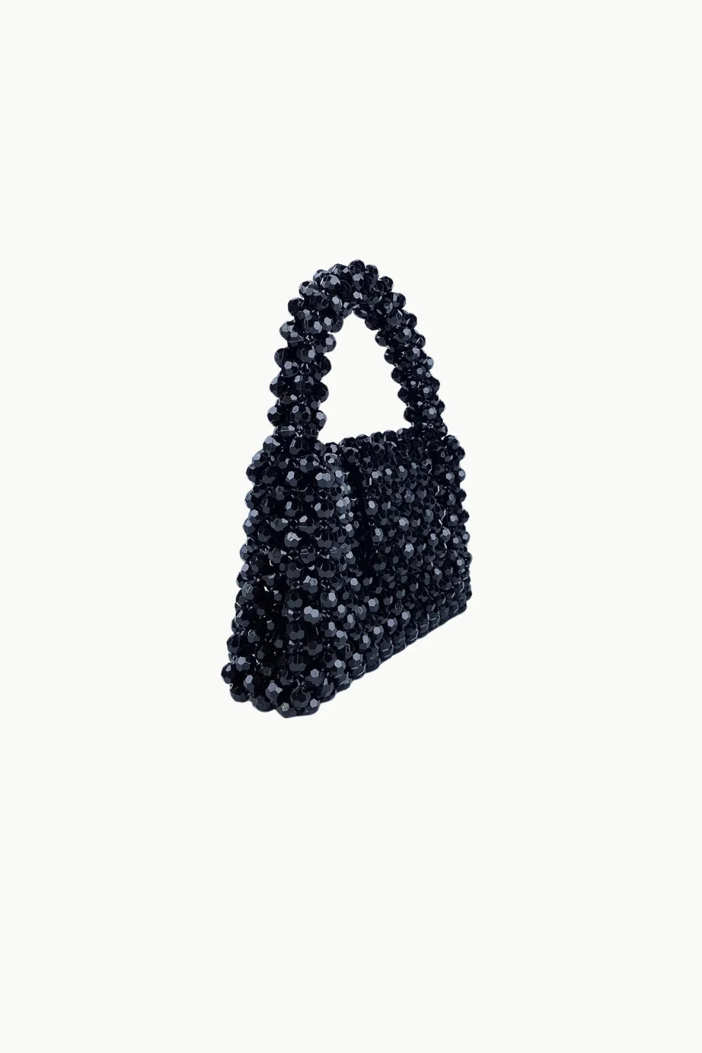 Small Black Beaded Bag featuring a black beaded design and a top handle for elegant style