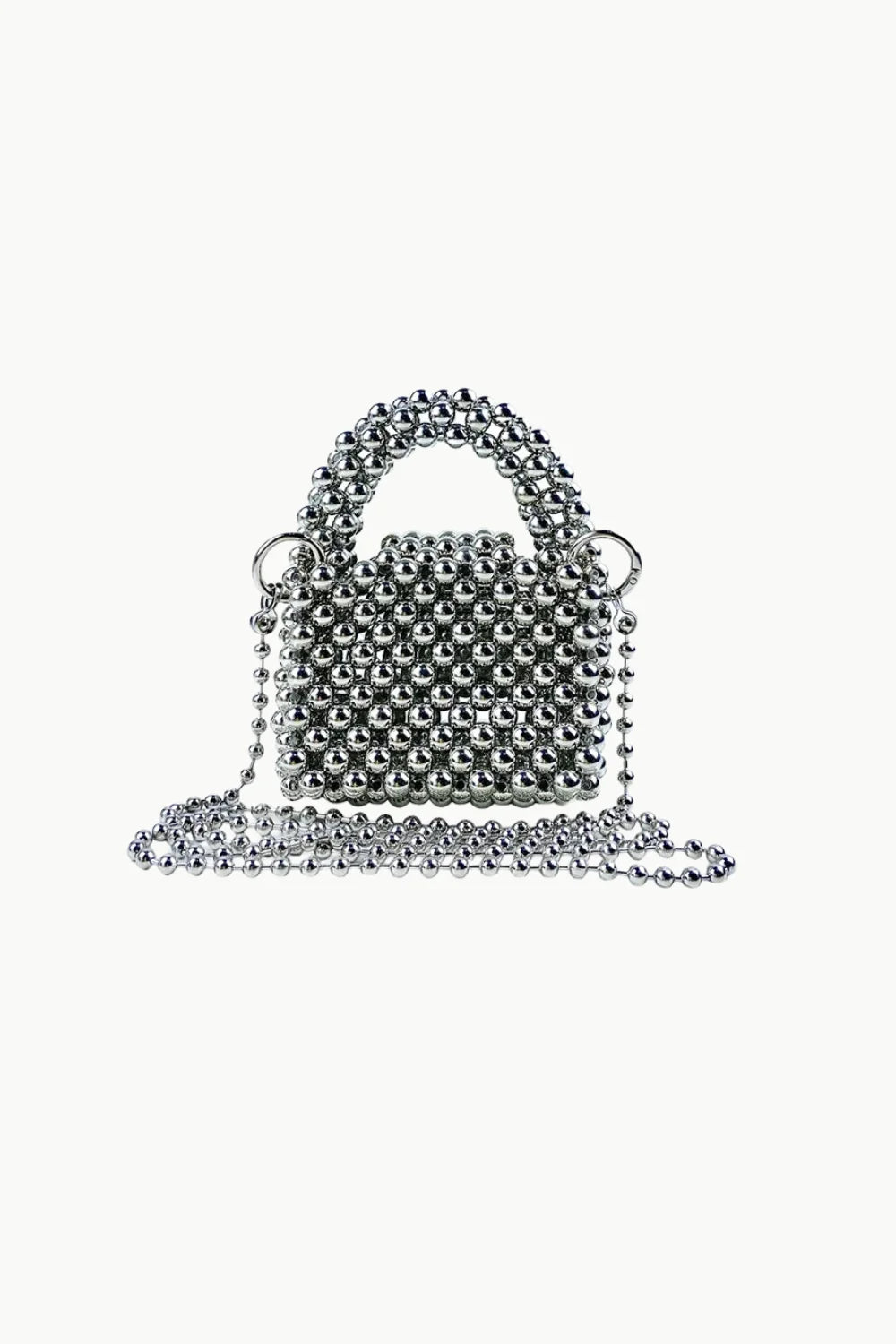 Silver beaded bag with top handle and chain strap, stylish small silver beaded bag