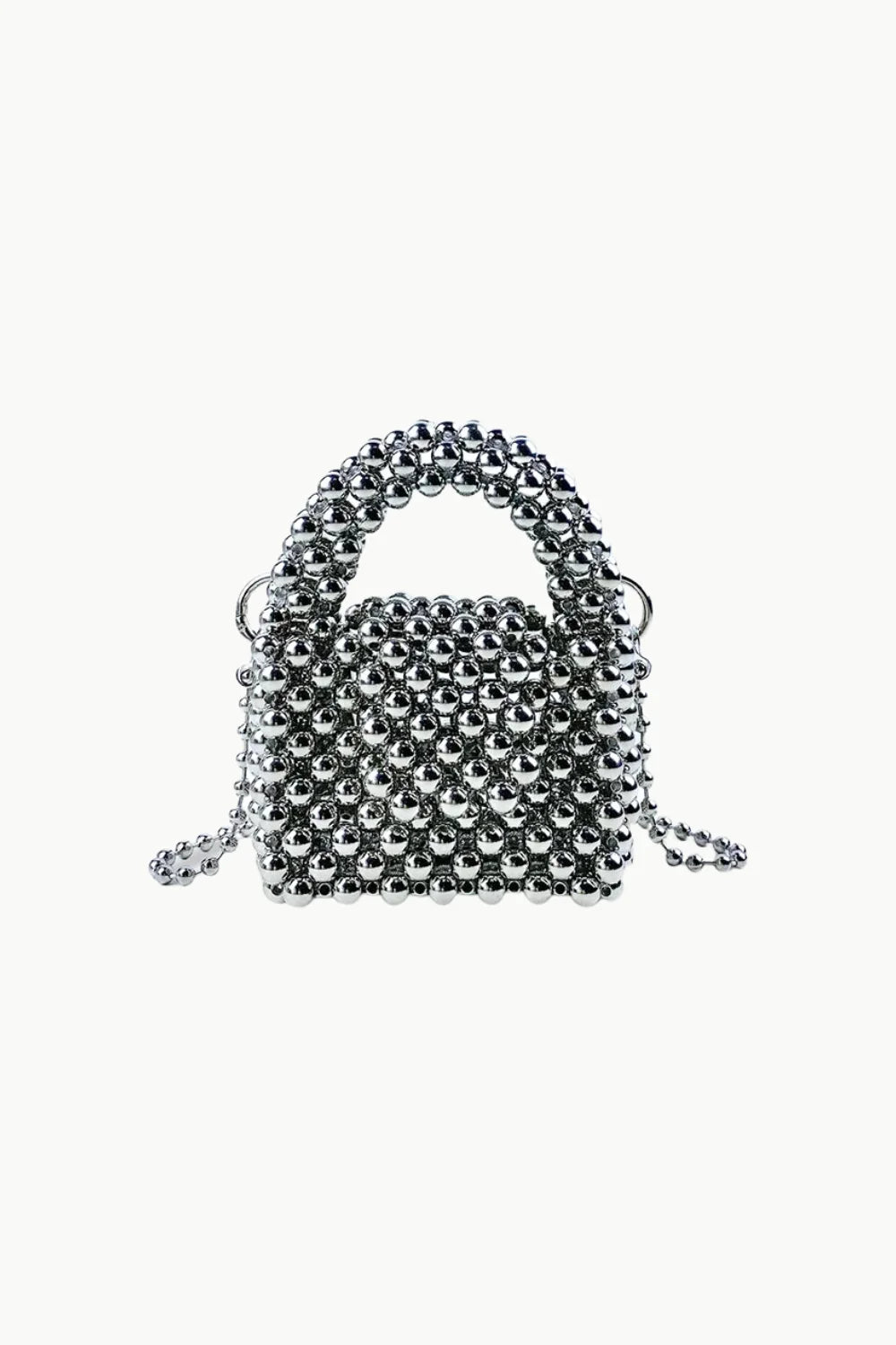 Small Silver Beaded Bag with top handle and detachable shoulder strap, silver beaded design