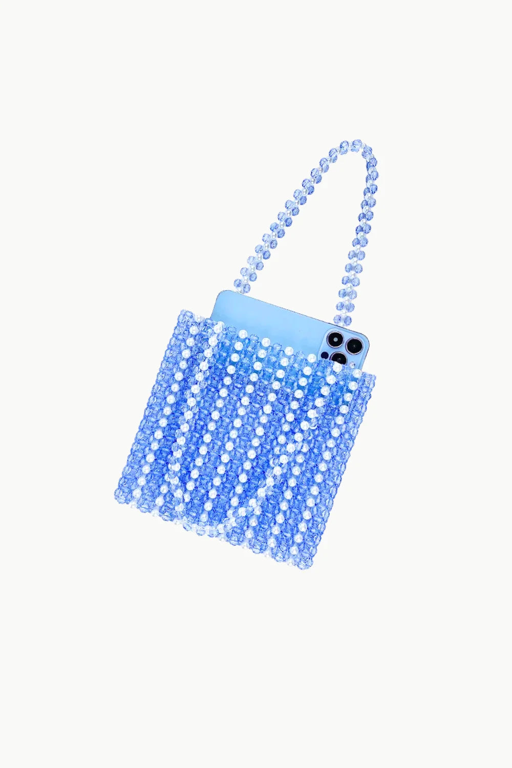 Sol Mer beaded bag with light blue beads and smartphone inside