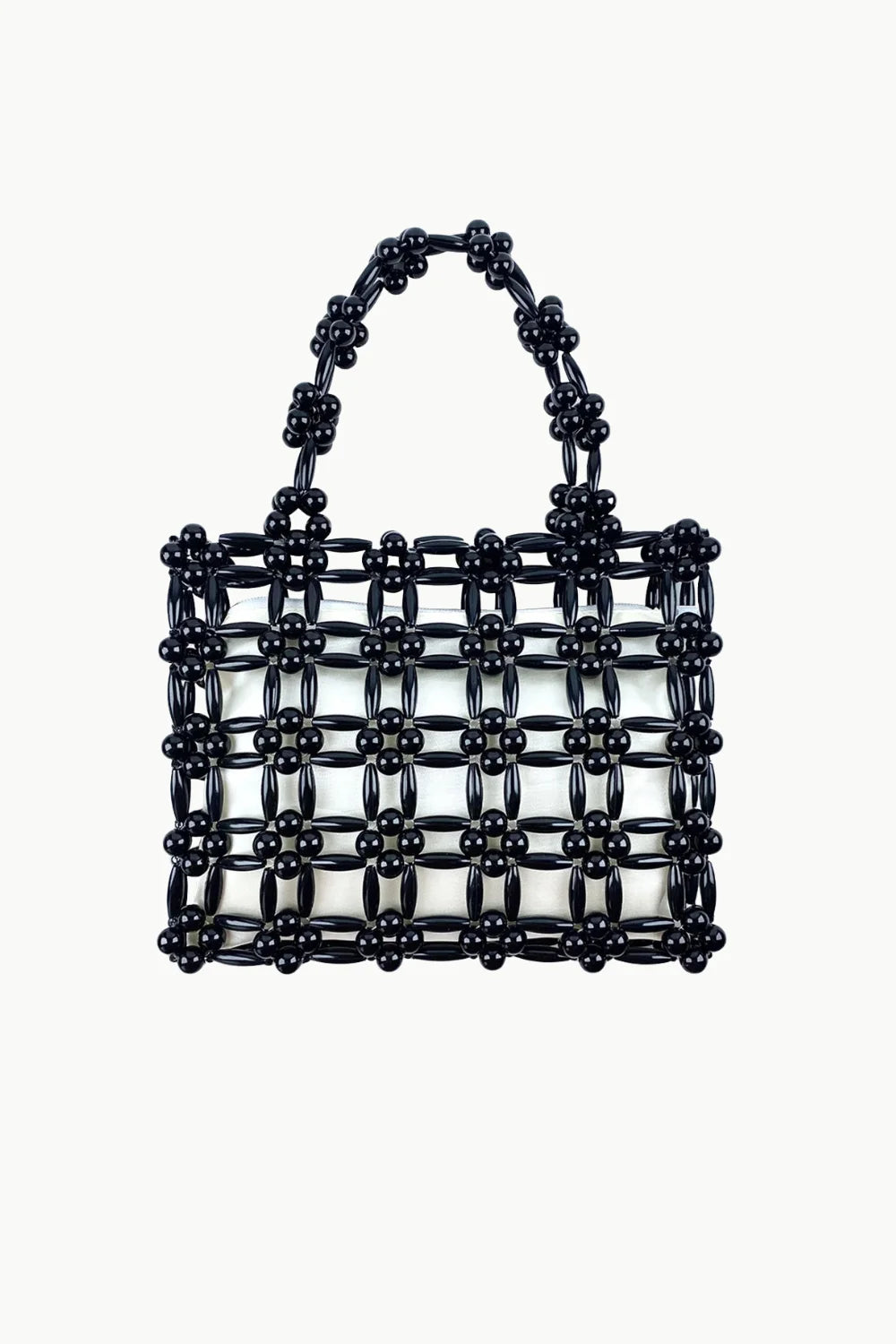 Black beaded open-weave tote bag showcasing the stylish square beaded bag design