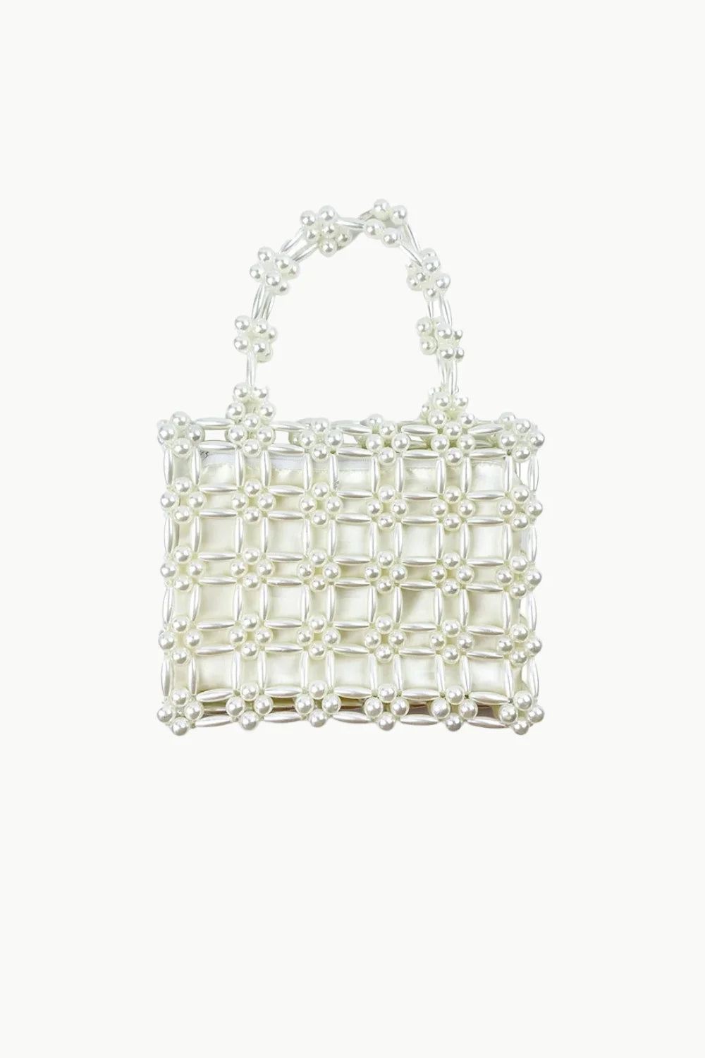 White beaded square tote bag with floral handle, stylish square beaded bag accessory