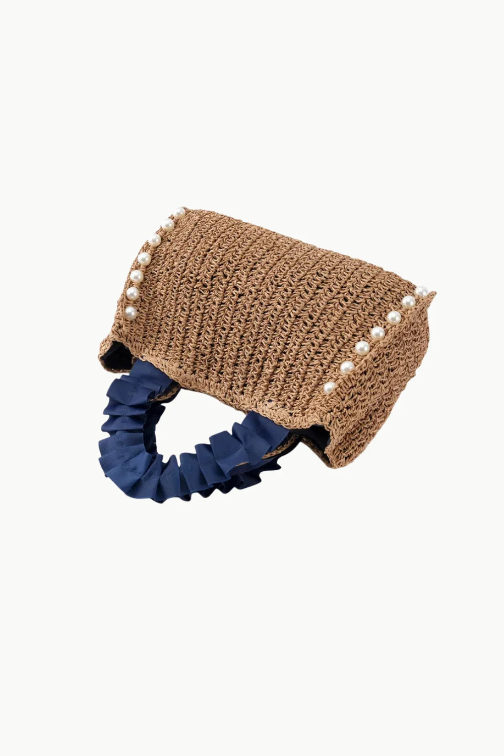 Brown crocheted straw bag with pearl embellishments and navy ruffled handle, beaded straw handbag