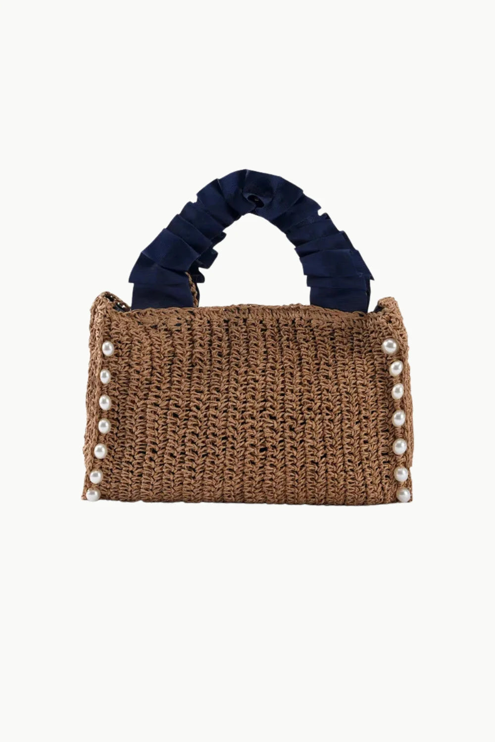 Brown crocheted straw bag with ruffled navy handles and pearl embellishments, beaded straw handbag