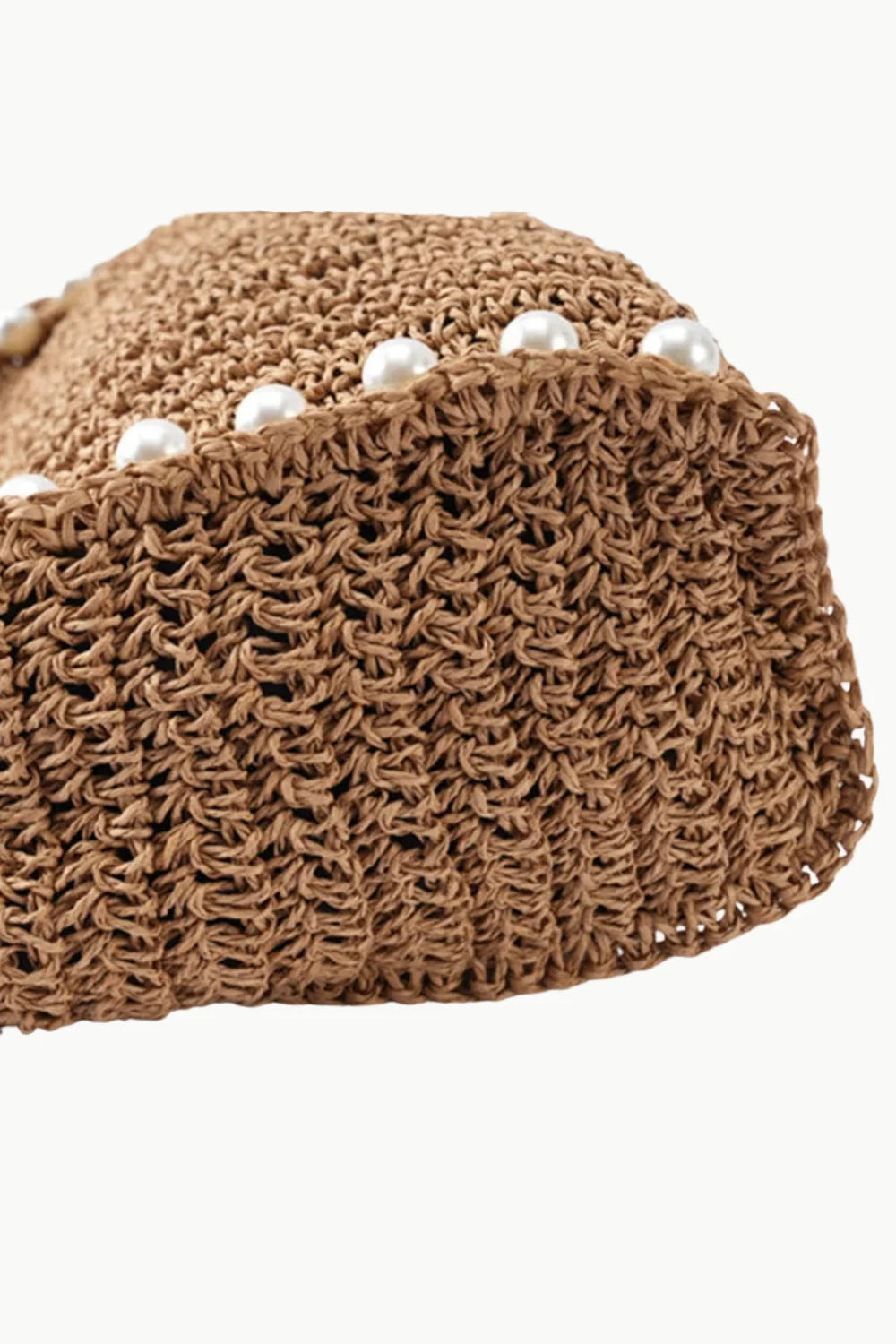 Brown crocheted raffia straw bag with white pearl beading, stylish beaded straw handbag