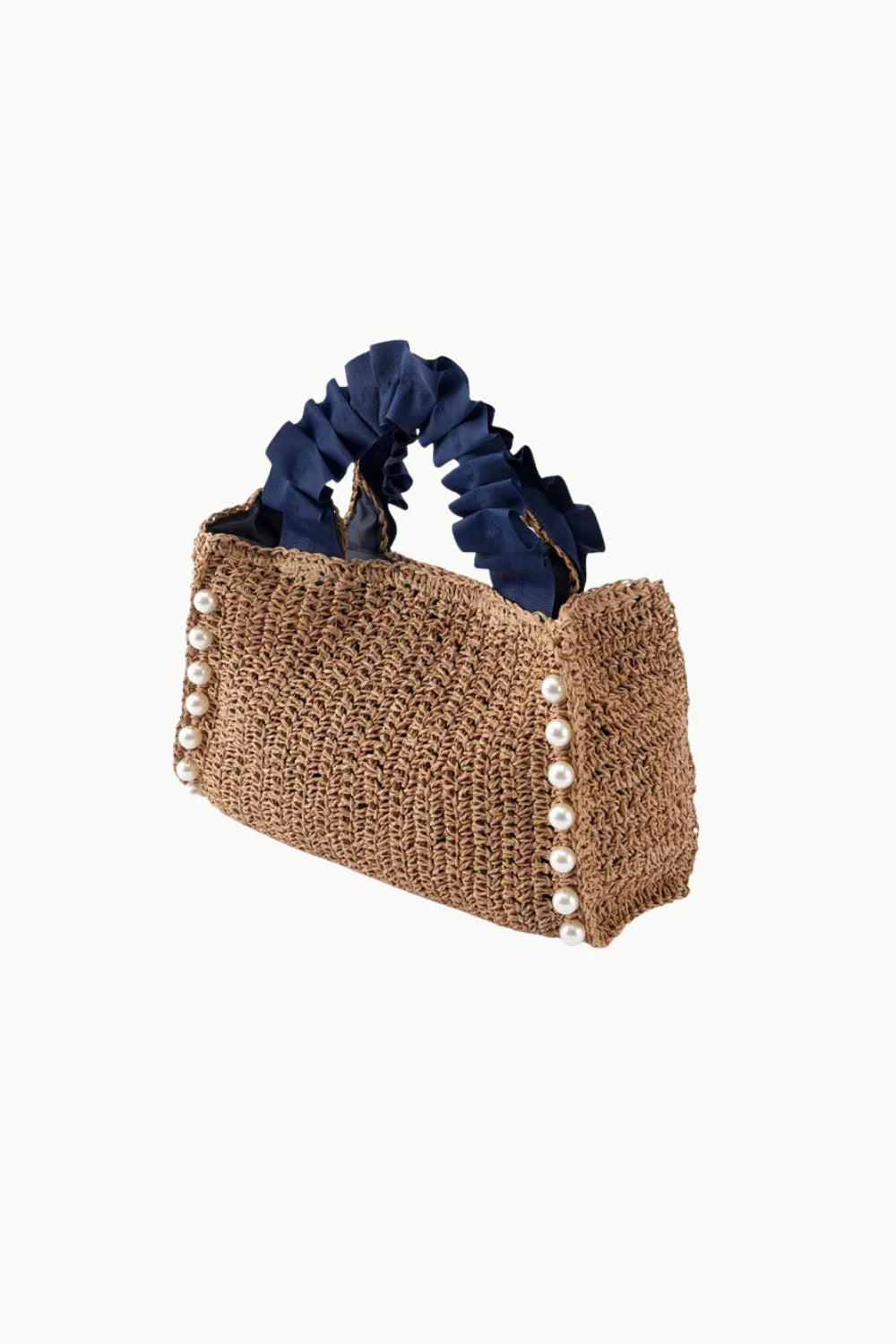 Brown woven straw bag with navy ruffled handles and pearl embellishments, beaded straw handbag