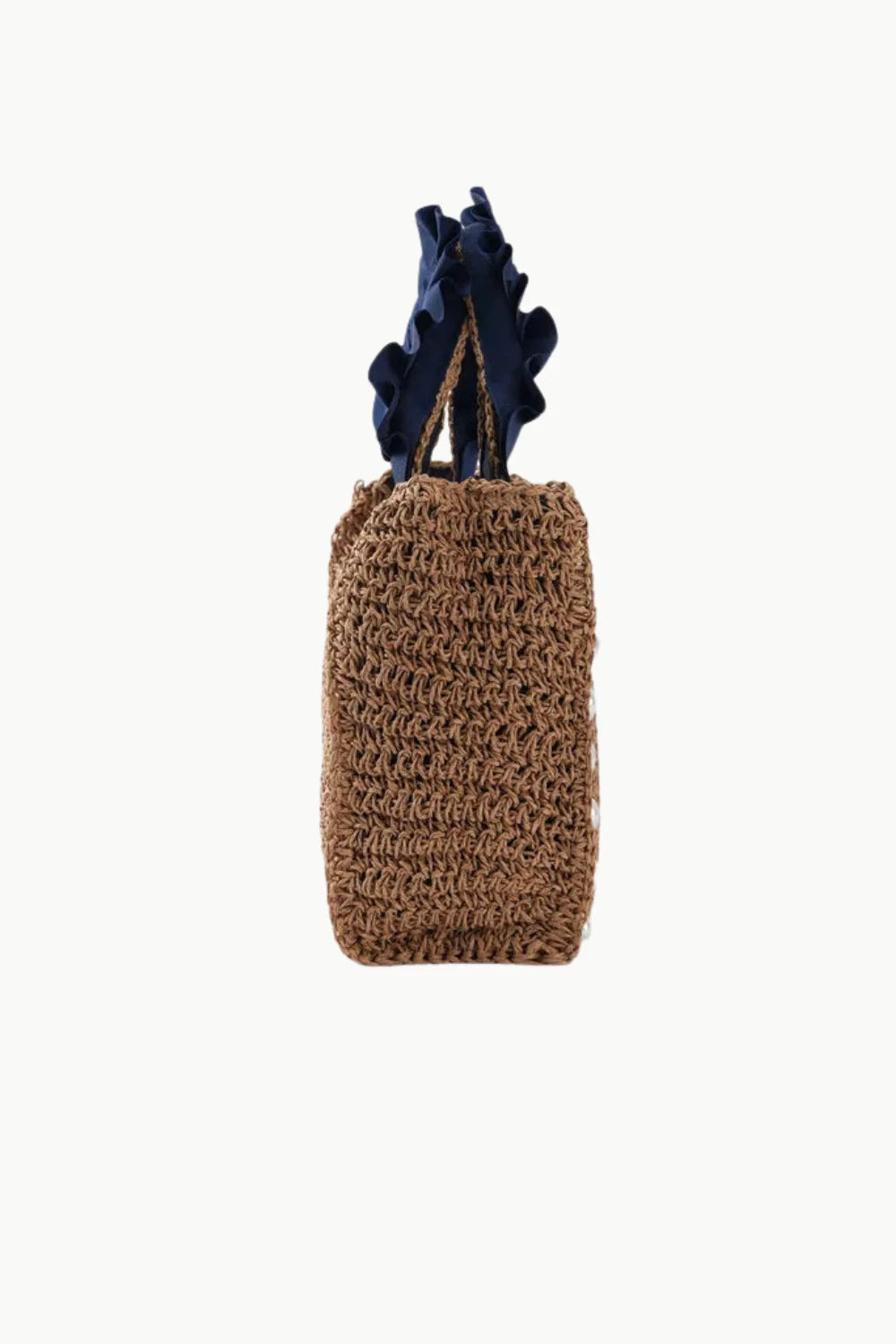 Woven straw bag with beaded details and navy blue ruffled handles, polyester main material