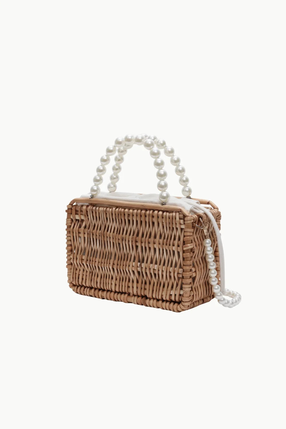 Straw bag with pearl beaded handle and shoulder strap, made of acrylic main material