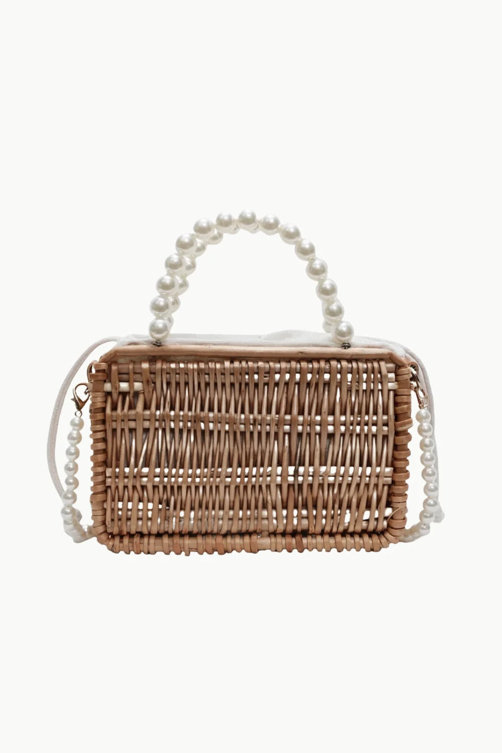 Straw bag with pearl beaded top handle and shoulder strap, acrylic main material