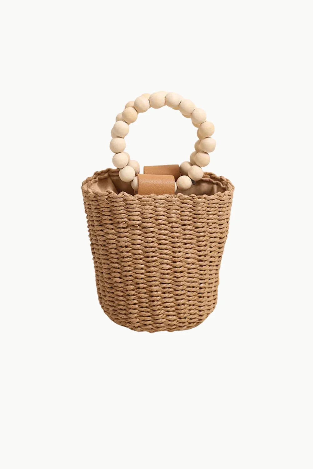 Small woven straw bead bucket bag with wooden handle for stylish storage