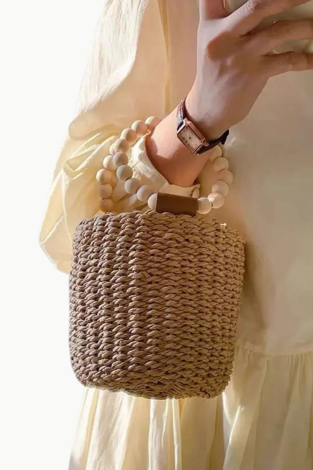 Straw Bead Bucket Bag with Wooden Beaded Handle, Stylish Bucket Bag for Women
