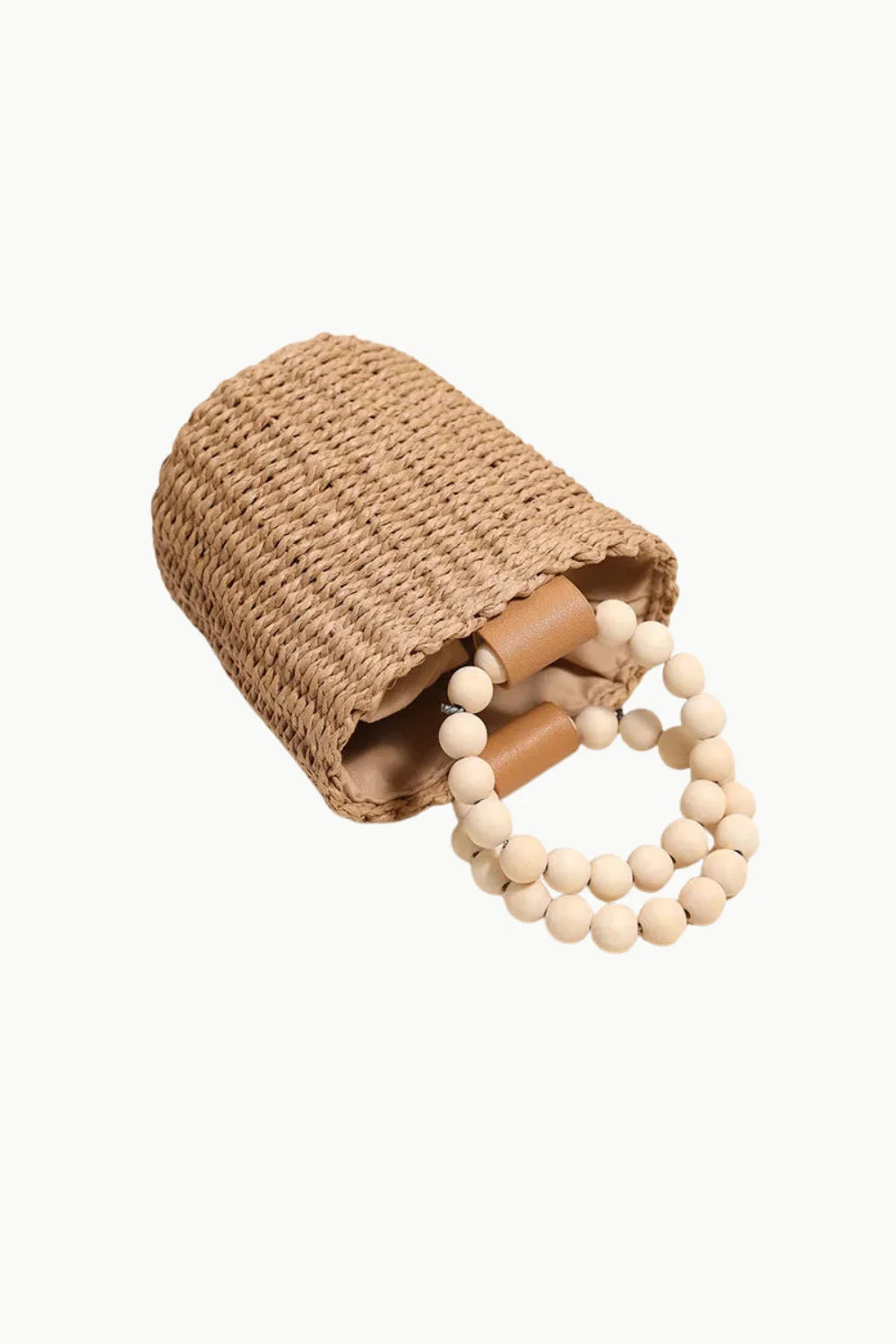 Woven straw bead bucket bag with light wooden beaded handles for stylish carry