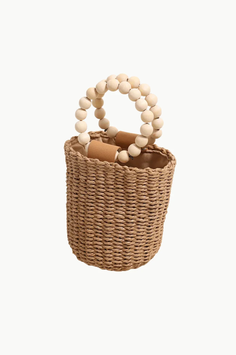 Woven straw bead bucket bag with light-colored wooden beaded handles for stylish summer wear