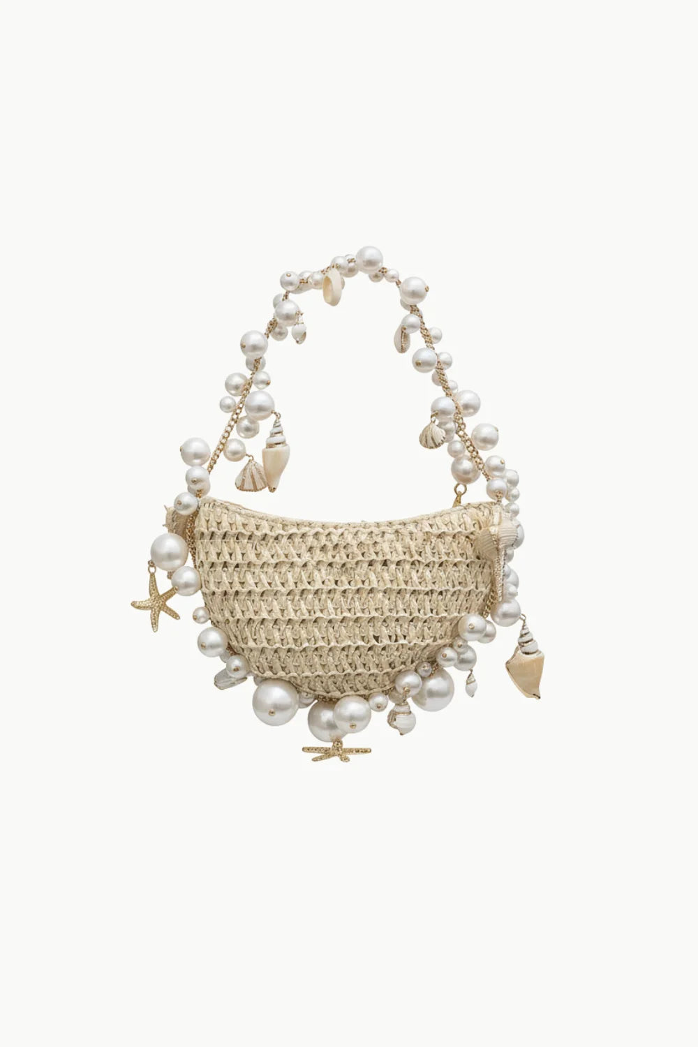 Beige woven straw beaded shoulder bag with pearl and seashell embellishments