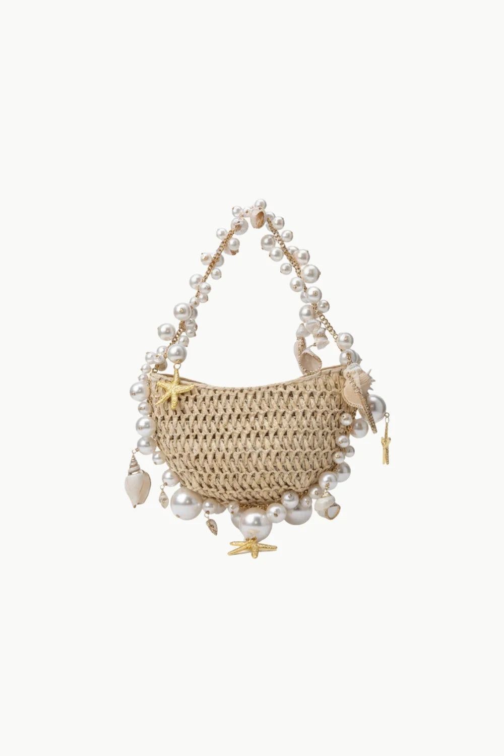 Handcrafted straw beaded bag with pearl strands and seashell charms for stylish look