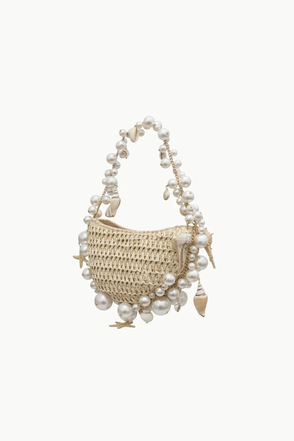 Woven straw beaded handbag with pearl and shell embellishments for Straw Beaded Bag collection