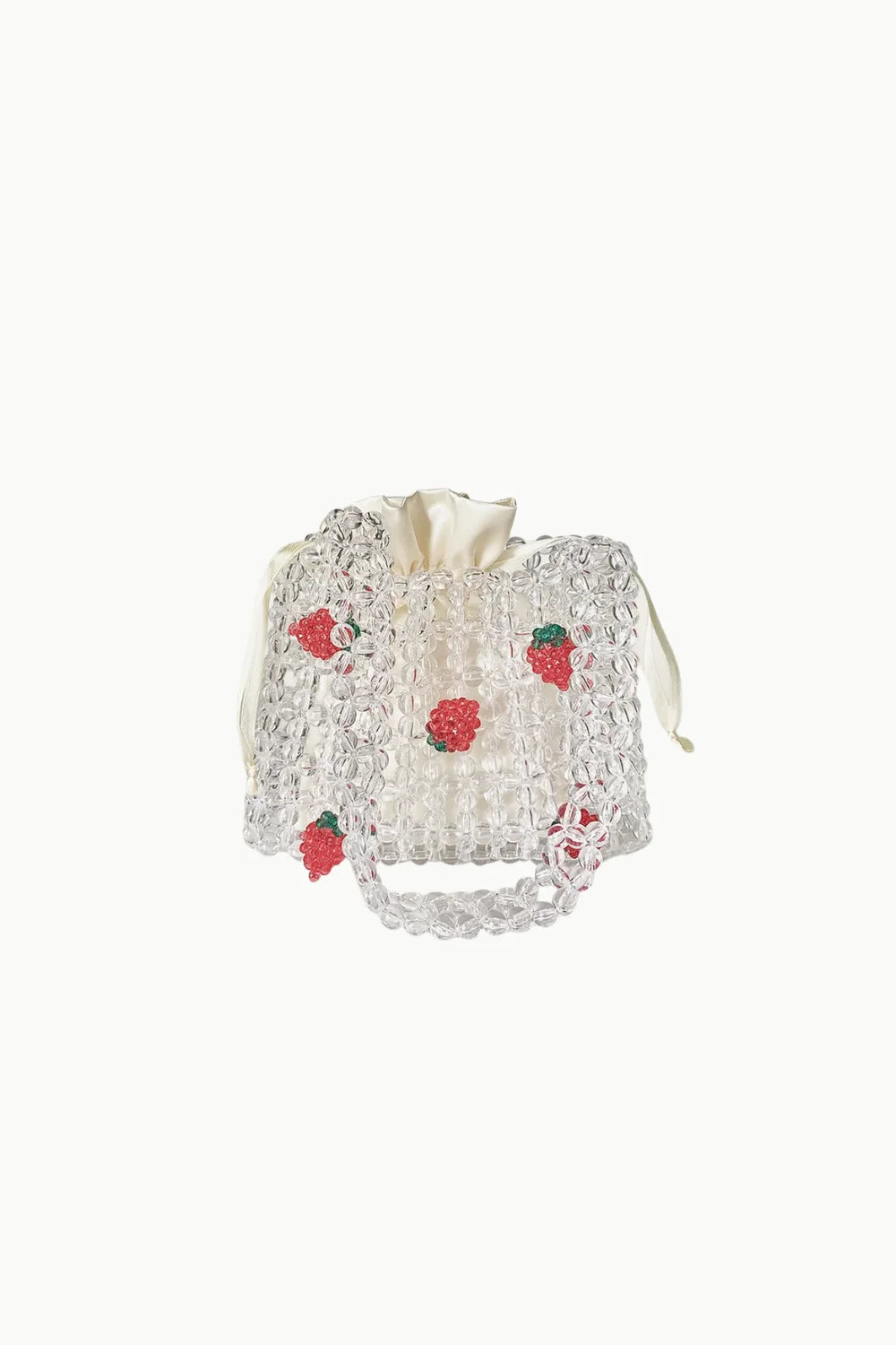 Clear beaded handbag with red strawberry appliques, perfect as a strawberry beaded bag