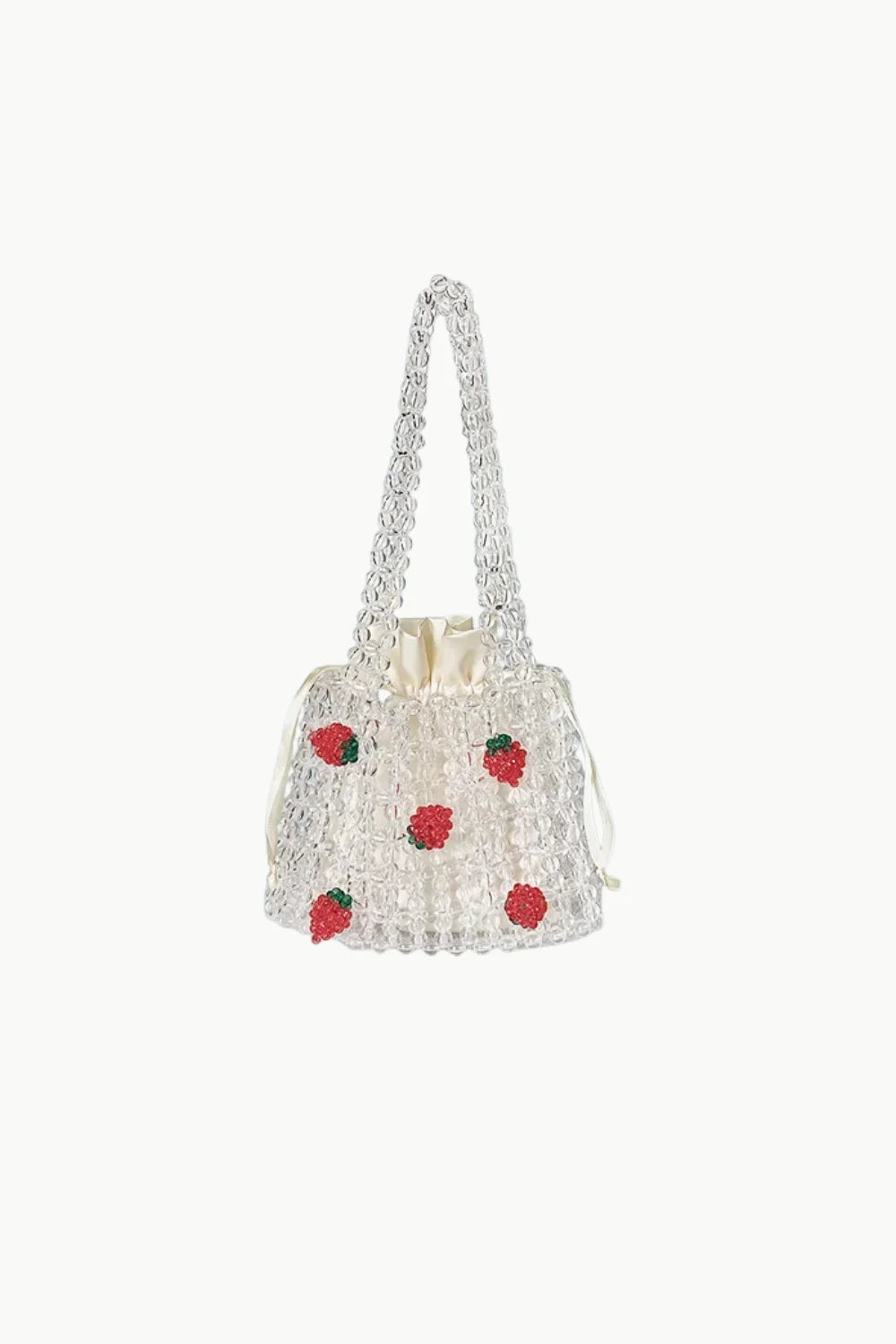 Clear beaded tote bag with red strawberry embellishments, perfect strawberry beaded bag accessory