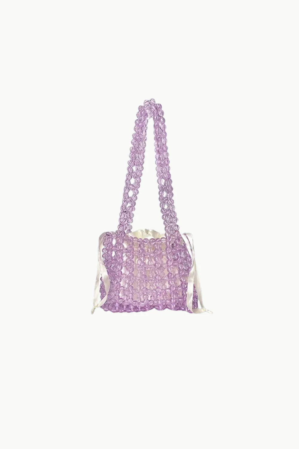 Shimmering lavender strawberry beaded bag with top handles and white ribbon details
