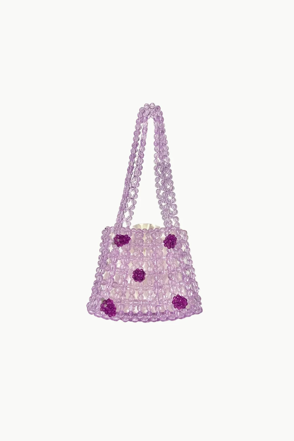 Light purple strawberry beaded bag with dark purple floral accents for stylish accessories
