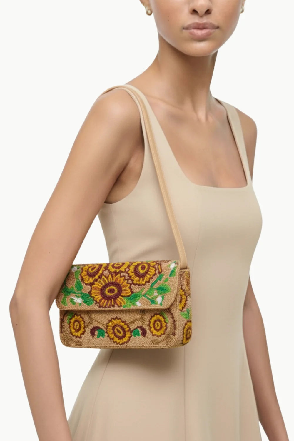 Light brown sunflower beaded bag with embroidery of sunflowers and green leaves