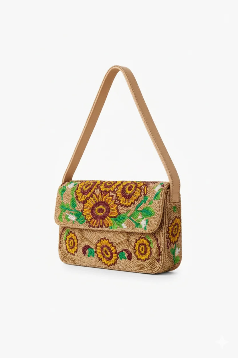 Sunflower Beaded Bag with intricate sunflower embroidery on a stylish beaded bag