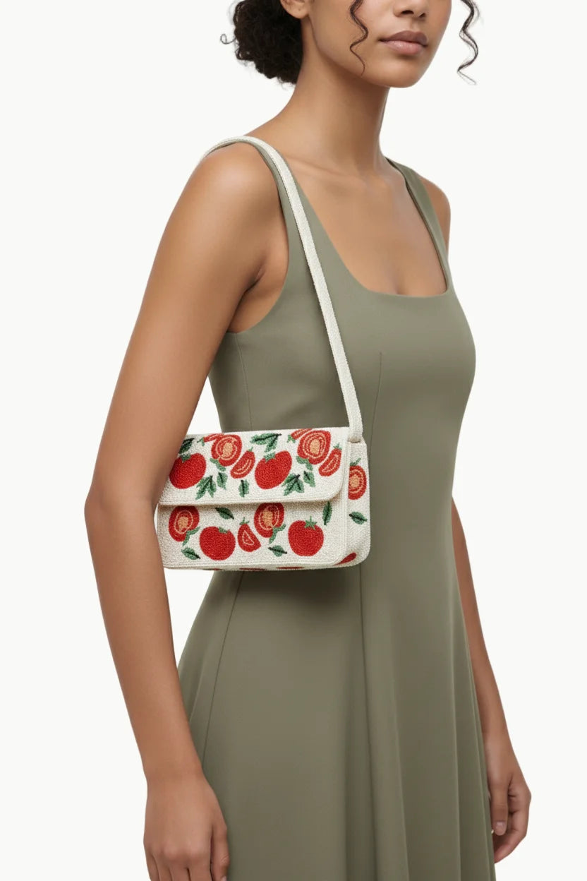 Off-white Tomato Beaded Bag with red tomato and green leaf pattern, stylish beaded bag
